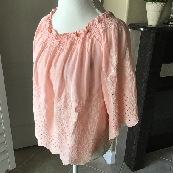 love J Off Shoulder Eyelet Blouse XLARGE Cropped Coral Pink 100% Cotton Romantic - Picture 1 of 16